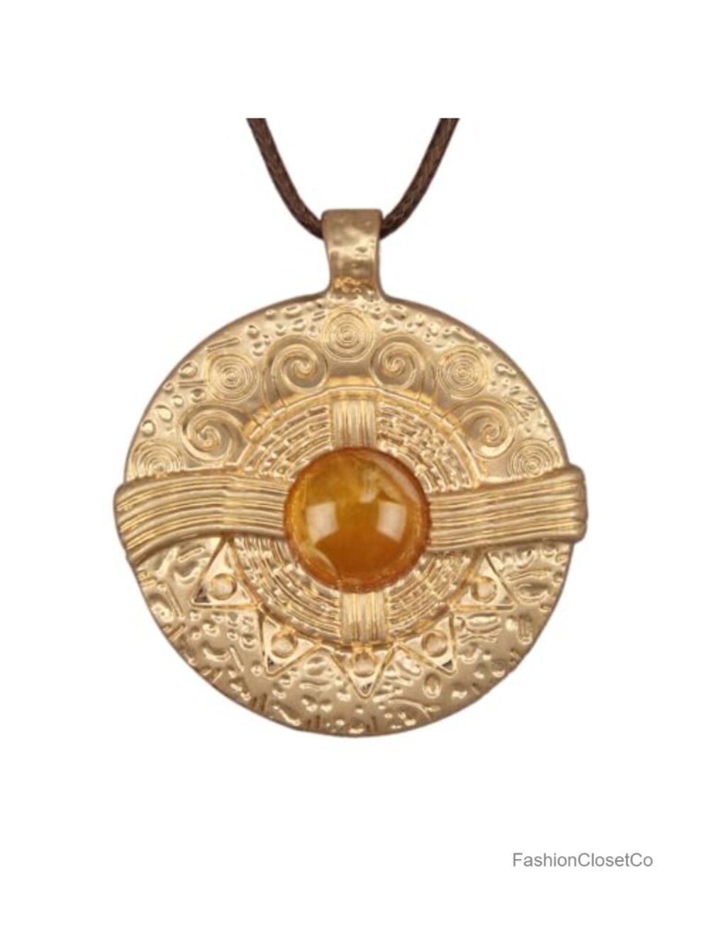 Chunky Boho Statement Pendant Necklace with Faux Leather Cord